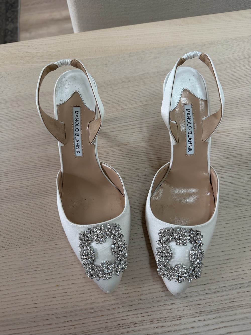 Manolo Blahnik 70mm Hangisli Satin Slingback Pumps with Crystal Buckle